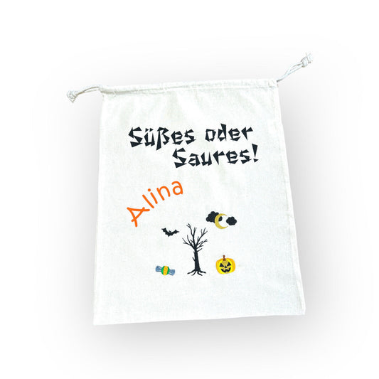 Halloween Sammeltasche Baumwollbeutel bedruckt mit Wunschtext, für Süßes, Baum