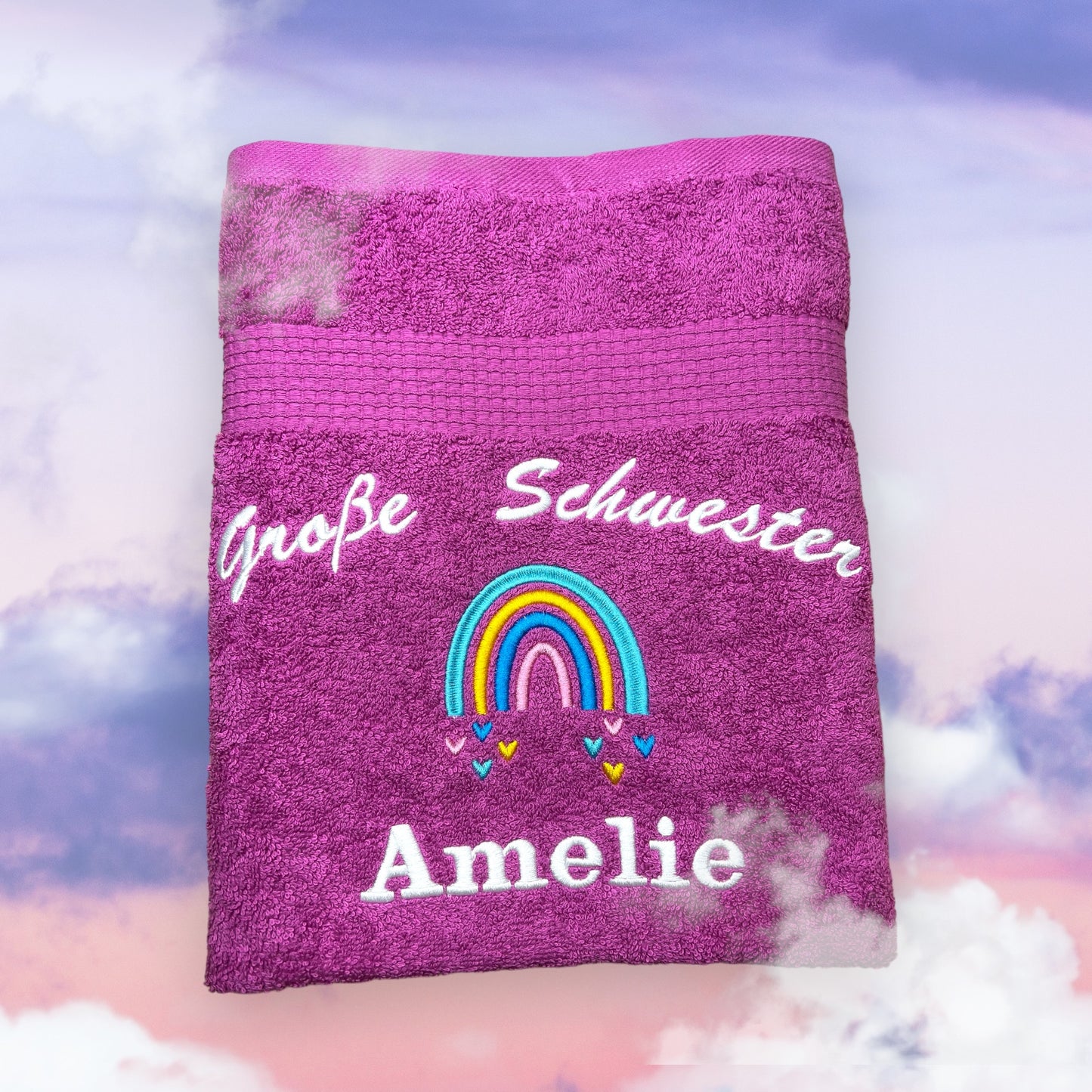 Große Schwester/Bruder Handtuch mit Name, Regenbogen, Duschtuch, Geschenk