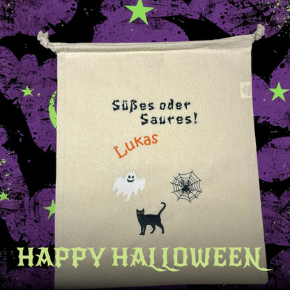 Halloween Sammeltasche Baumwollbeutel bedruckt mit Wunschtext, für Süßes, Katze