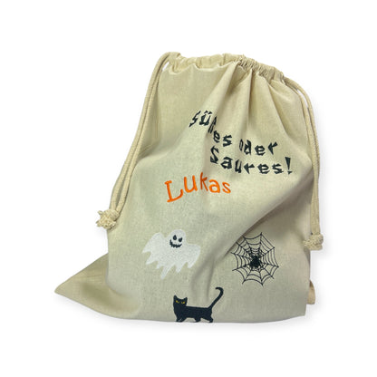 Halloween Sammeltasche Baumwollbeutel bedruckt mit Wunschtext, für Süßes, Katze