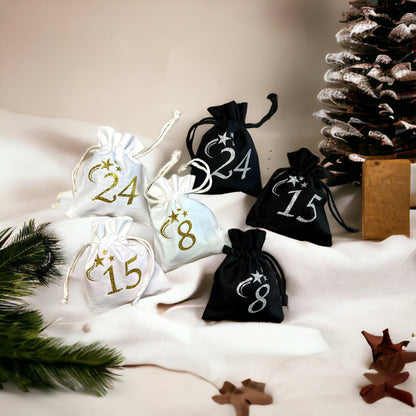 Adventskalender Säckchen schwarz oder weiß mit Glitzer