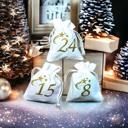 Adventskalender Säckchen schwarz oder weiß mit Glitzer