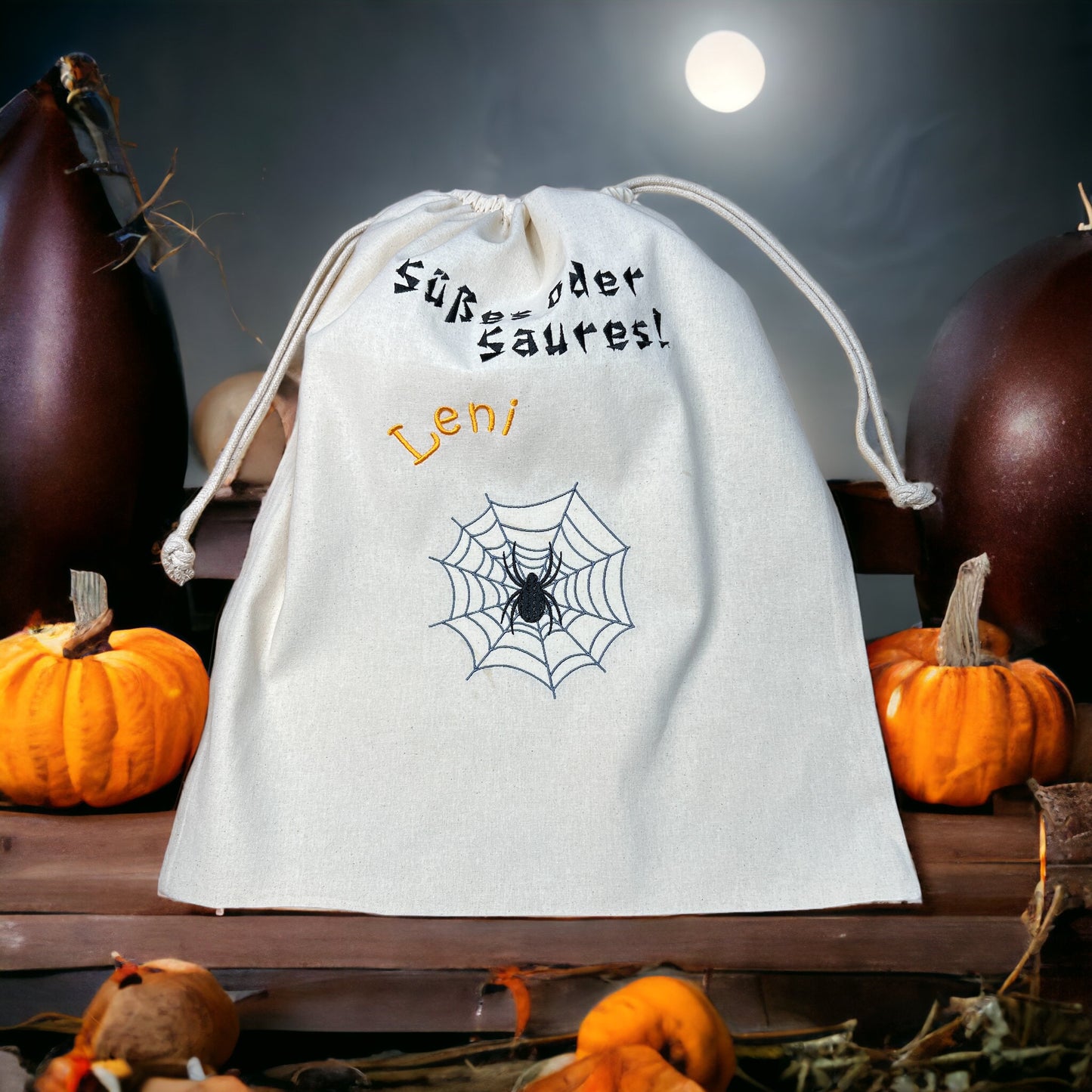 Halloween Sammeltasche Baumwollbeutel bedruckt mit Wunschtext, für Süßes, Spinnennetz