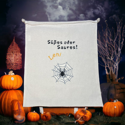 Halloween Sammeltasche Baumwollbeutel bedruckt mit Wunschtext, für Süßes, Spinnennetz