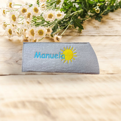 Brillenetui mit Name und Sonne bestickt, schönes Geschenk, Sonnenbrille, Filz