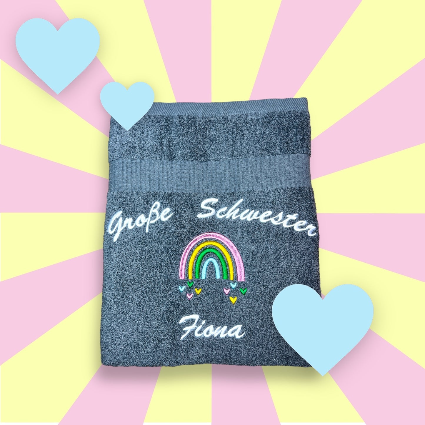 Große Schwester/Bruder Handtuch mit Name, Regenbogen, Duschtuch, Geschenk