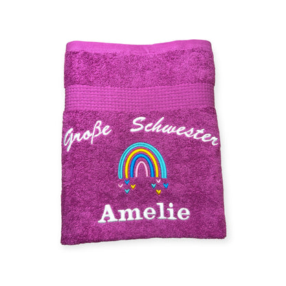 Große Schwester/Bruder Handtuch mit Name, Regenbogen, Duschtuch, Geschenk