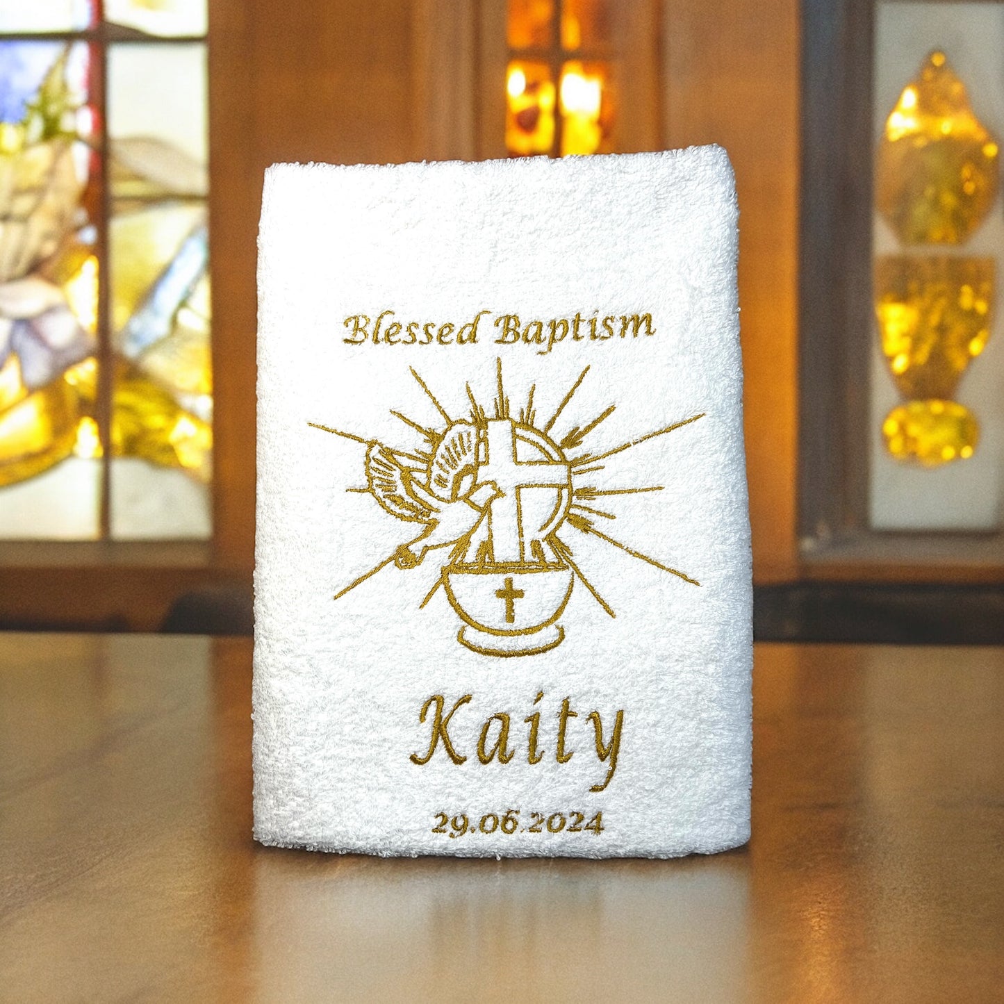 Blessed Baptism Handtuch mit Name und Datum, Sauna, Wellness, Duschtuch, Heilige Taufe