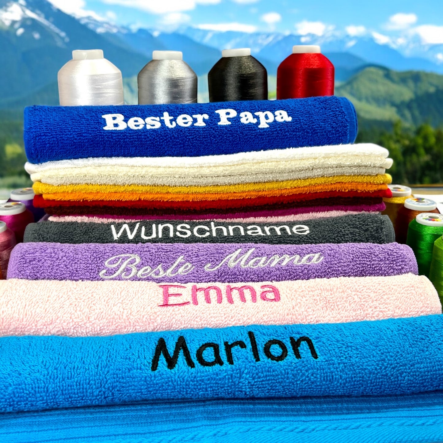 Handtuch mit Namen in vielen Farben und 4 Größen vom Waschhandschuh bis zum Saunahandtuch