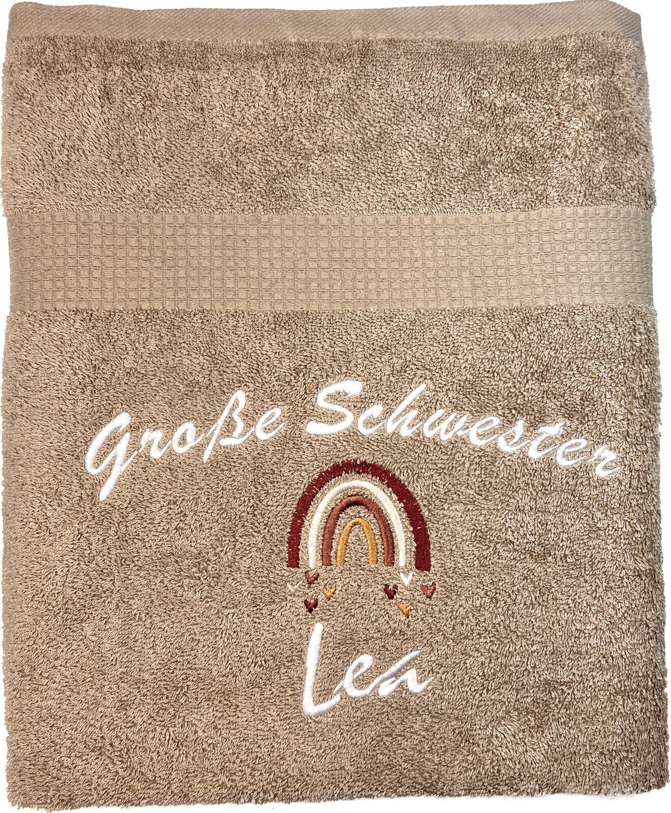 Große Schwester/Bruder Handtuch mit Name, Regenbogen, Duschtuch, Geschenk