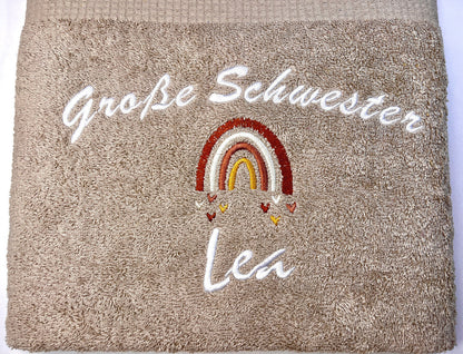 Große Schwester/Bruder Handtuch mit Name, Regenbogen, Duschtuch, Geschenk