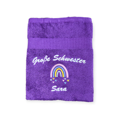 Große Schwester/Bruder Handtuch mit Name, Regenbogen, Duschtuch, Geschenk