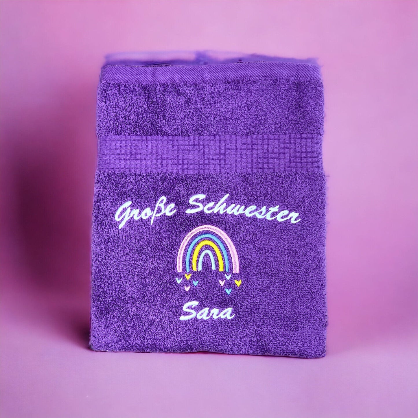 Große Schwester/Bruder Handtuch mit Name, Regenbogen, Duschtuch, Geschenk