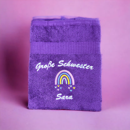 Große Schwester/Bruder Handtuch mit Name, Regenbogen, Duschtuch, Geschenk